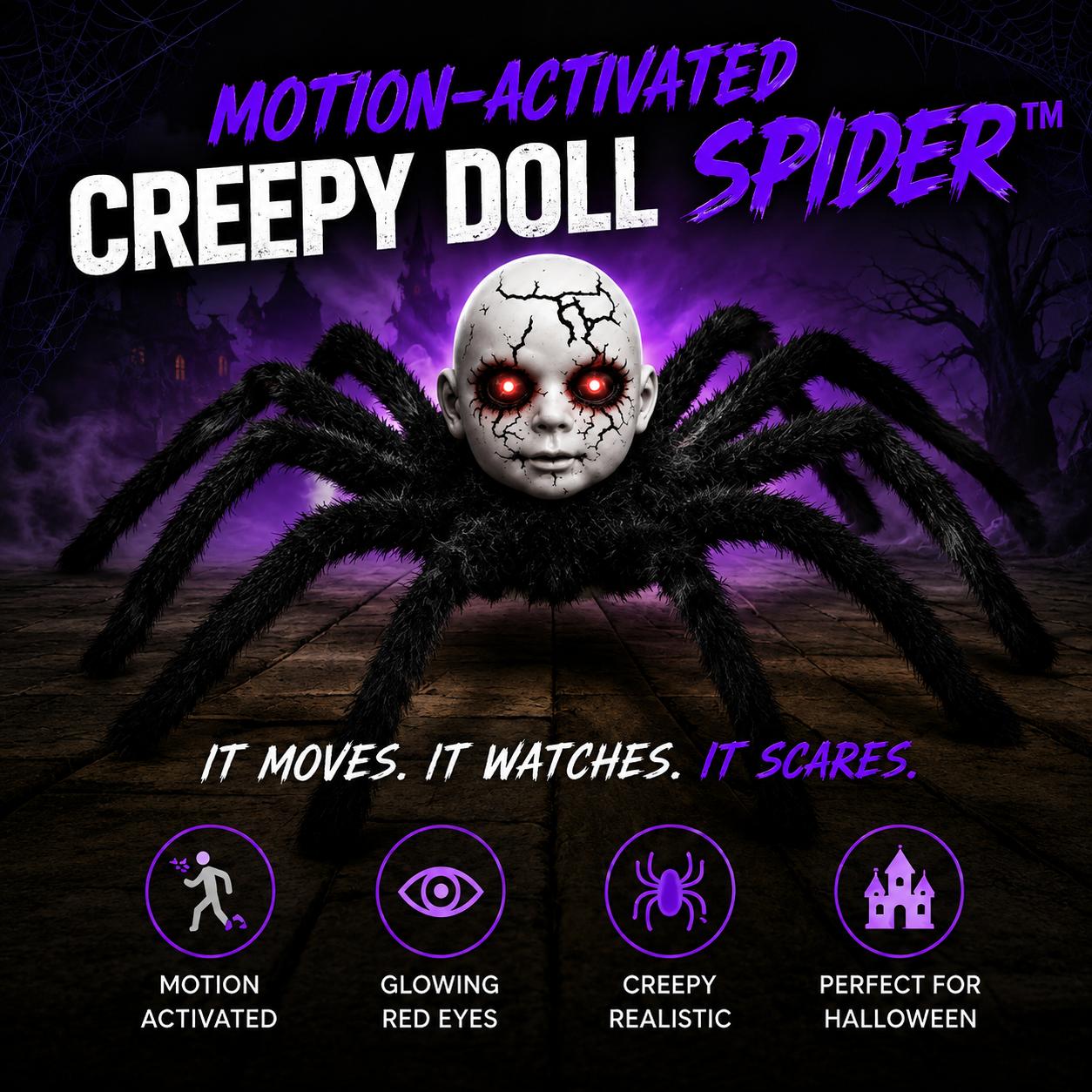 Motion-Activated Creepy Spider Doll™ – Glowing Red Eyes Halloween Decoration