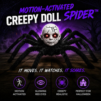 Motion-Activated Creepy Spider Doll™ – Glowing Red Eyes Halloween Decoration