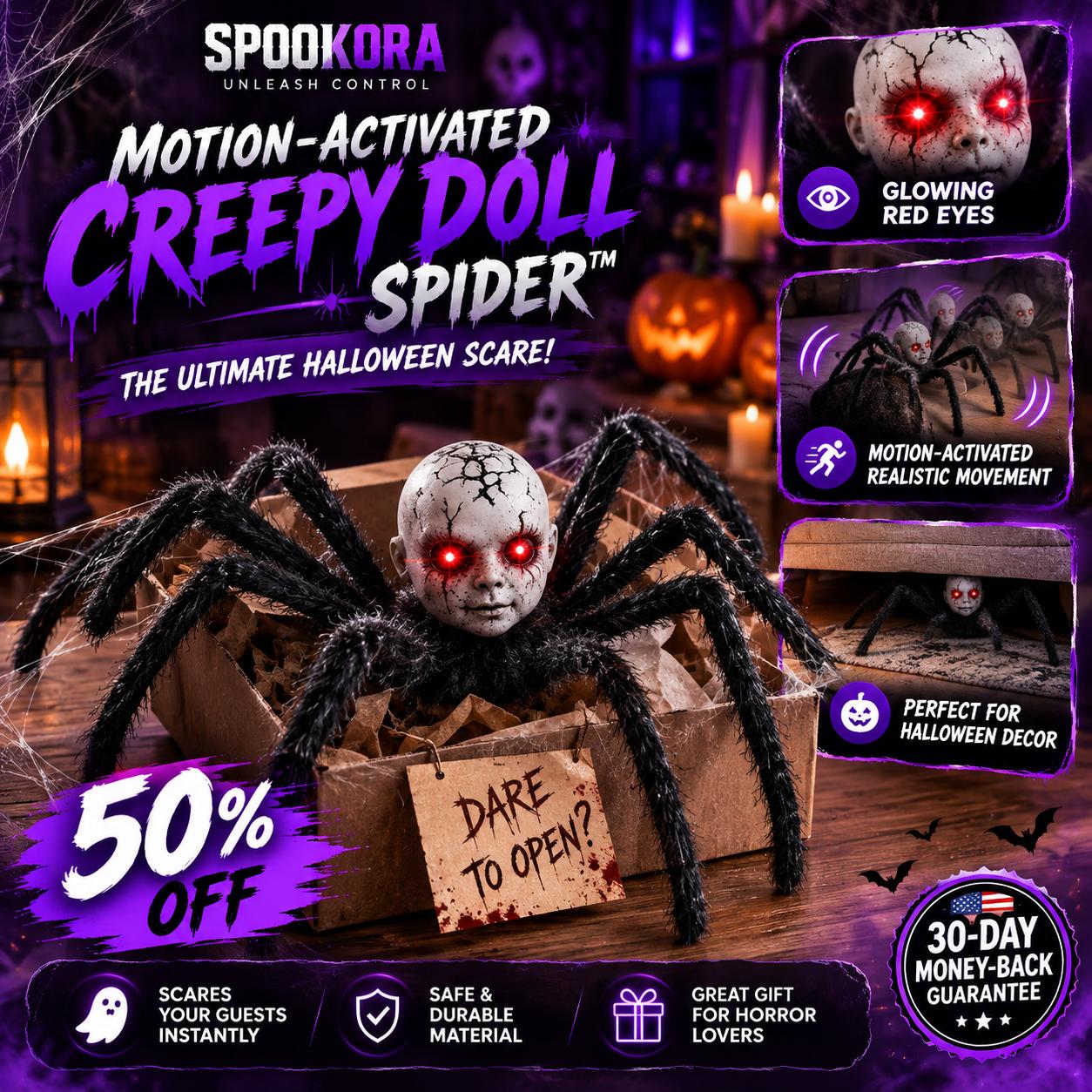 Motion-Activated Creepy Spider Doll™ – Glowing Red Eyes Halloween Decoration