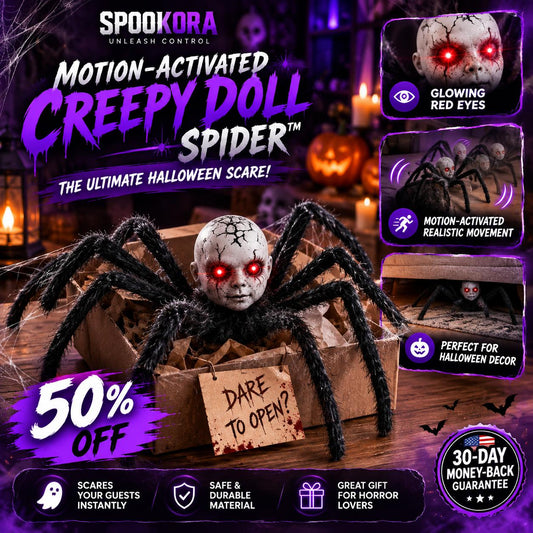 Motion-Activated Creepy Spider Doll™ – Glowing Red Eyes Halloween Decoration