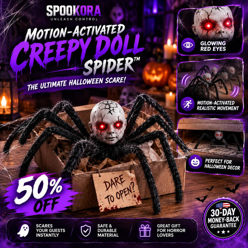 Motion-Activated Creepy Spider Doll™ – Glowing Red Eyes Halloween Decoration