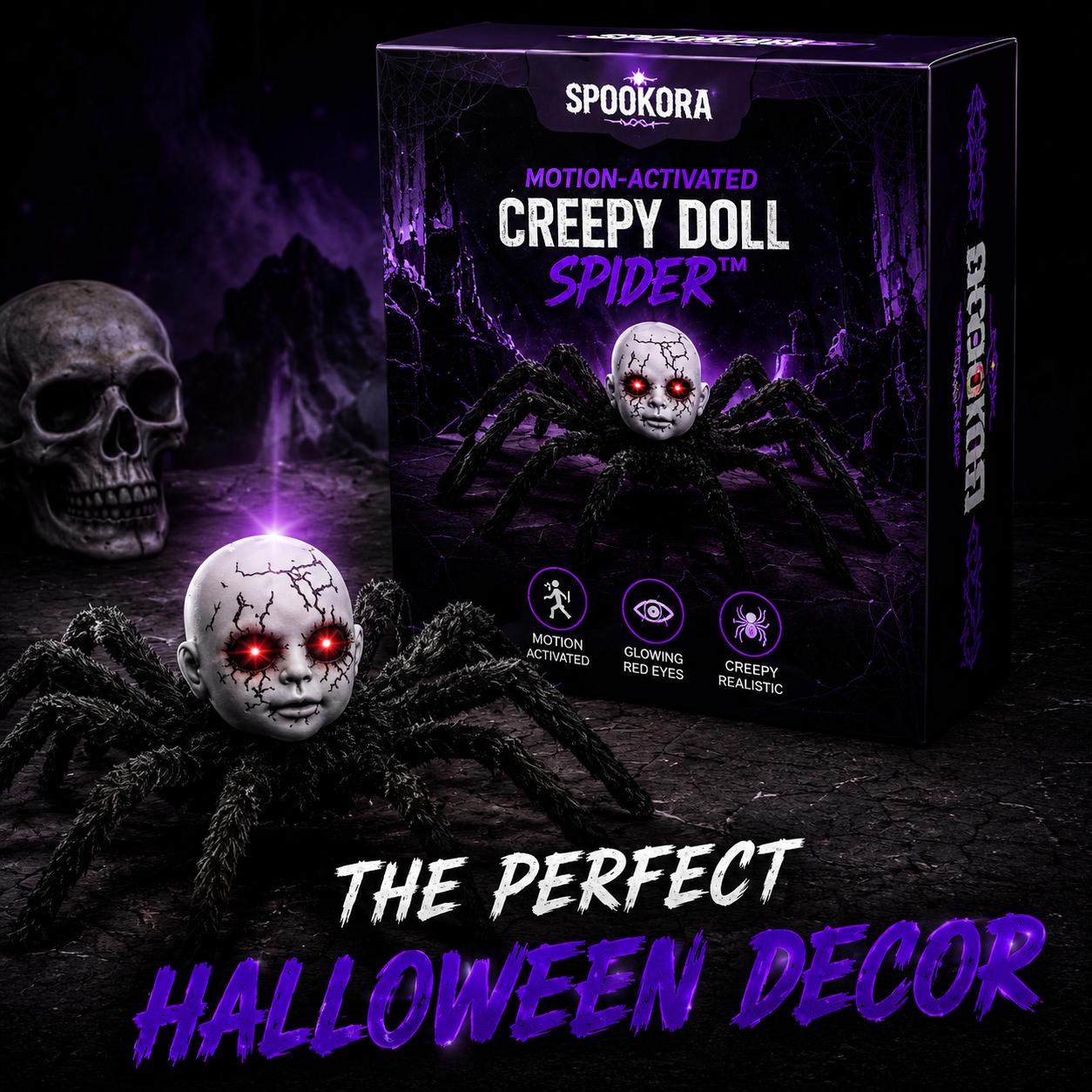 Motion-Activated Creepy Spider Doll™ – Glowing Red Eyes Halloween Decoration
