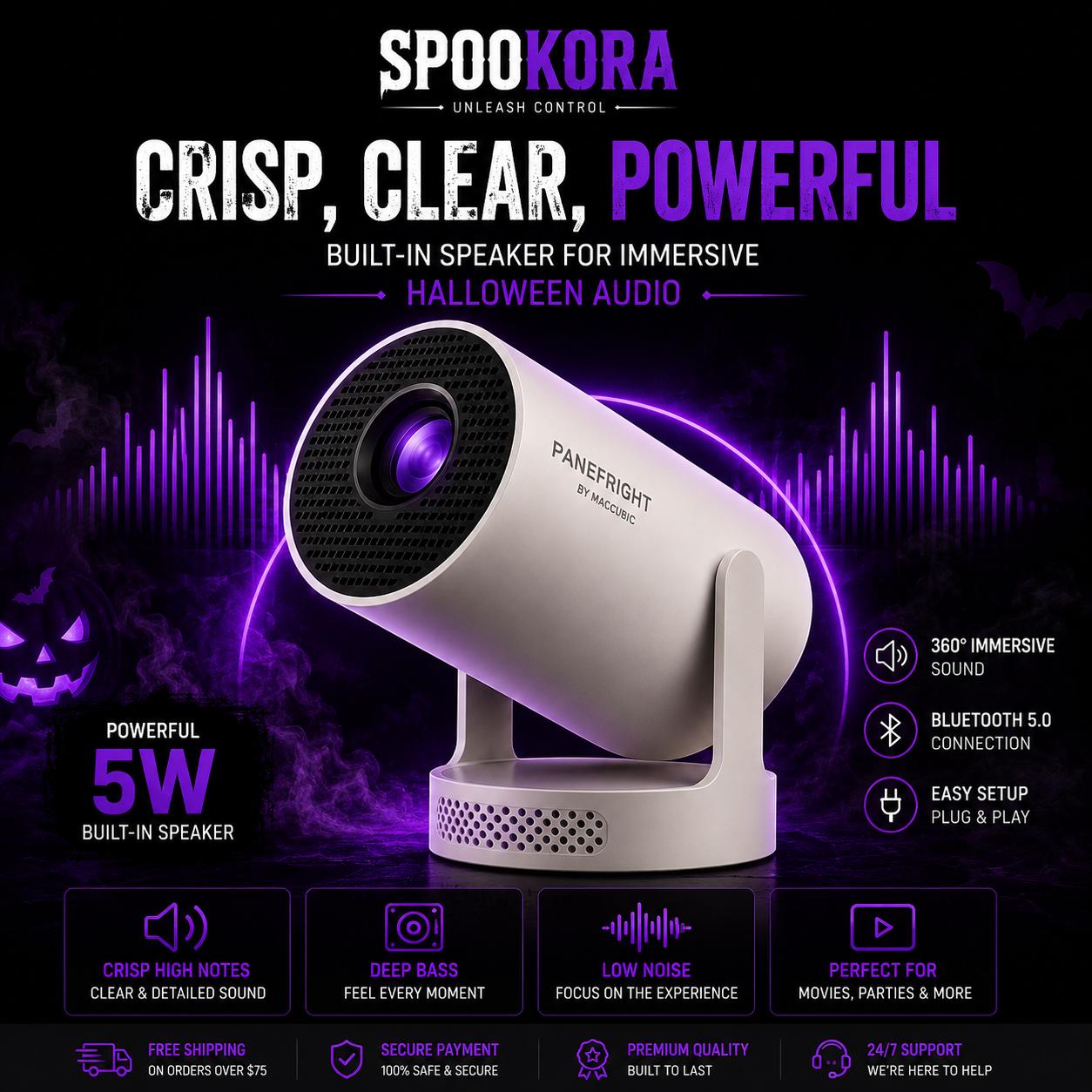 **Spookora™ Panefright Halloween Projector – 5W Built-In Speaker, Bluetooth 5.0 & Immersive Sound**
