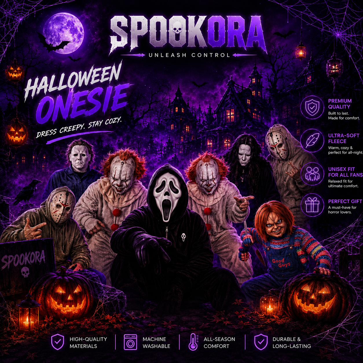 Spookora™ Premium Horror Halloween Onesie Collection – Ultra-Soft Unisex Scary Costumes