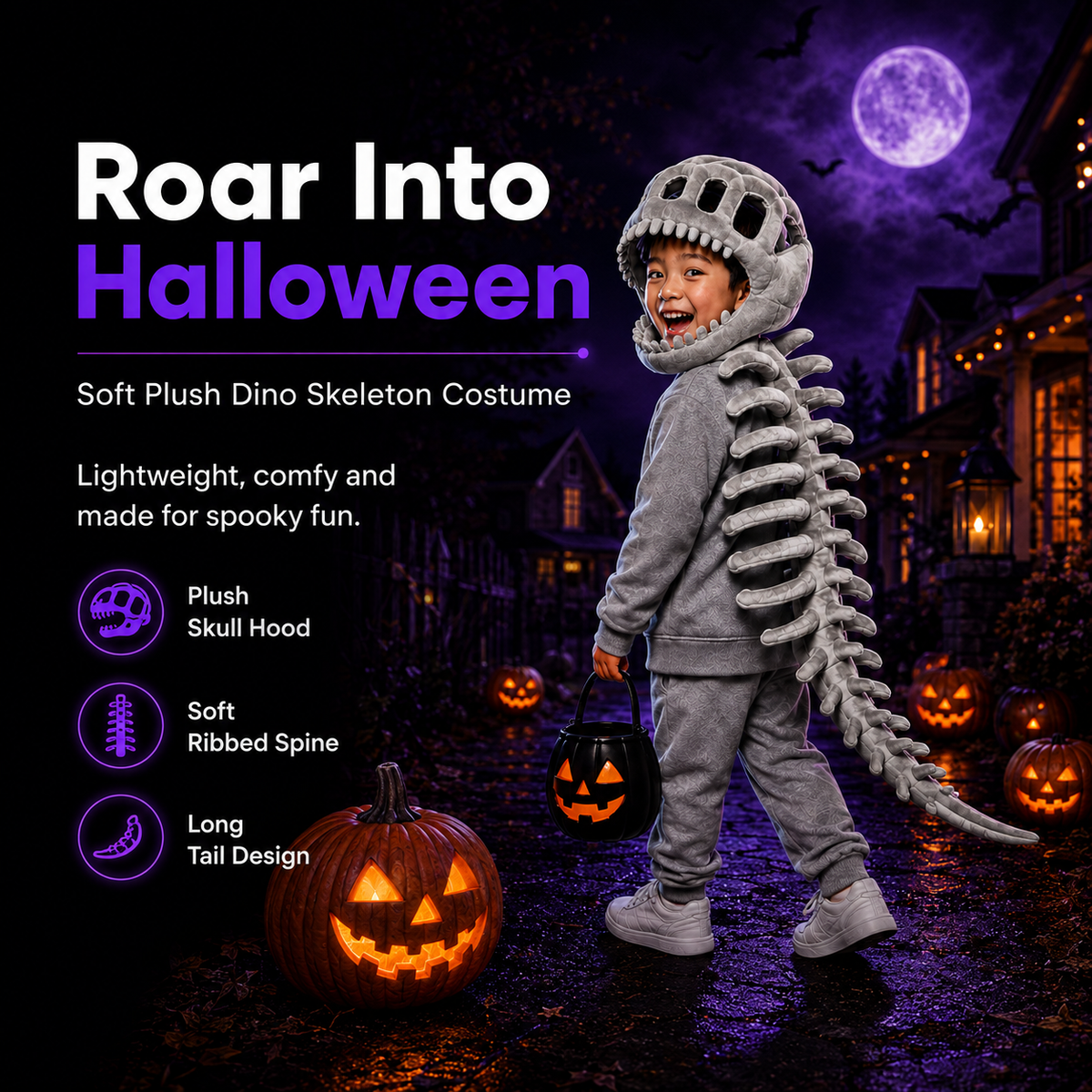 Spookora™ 3D Dinosaur Skeleton Costume -Fun Dino Costume for Kids
